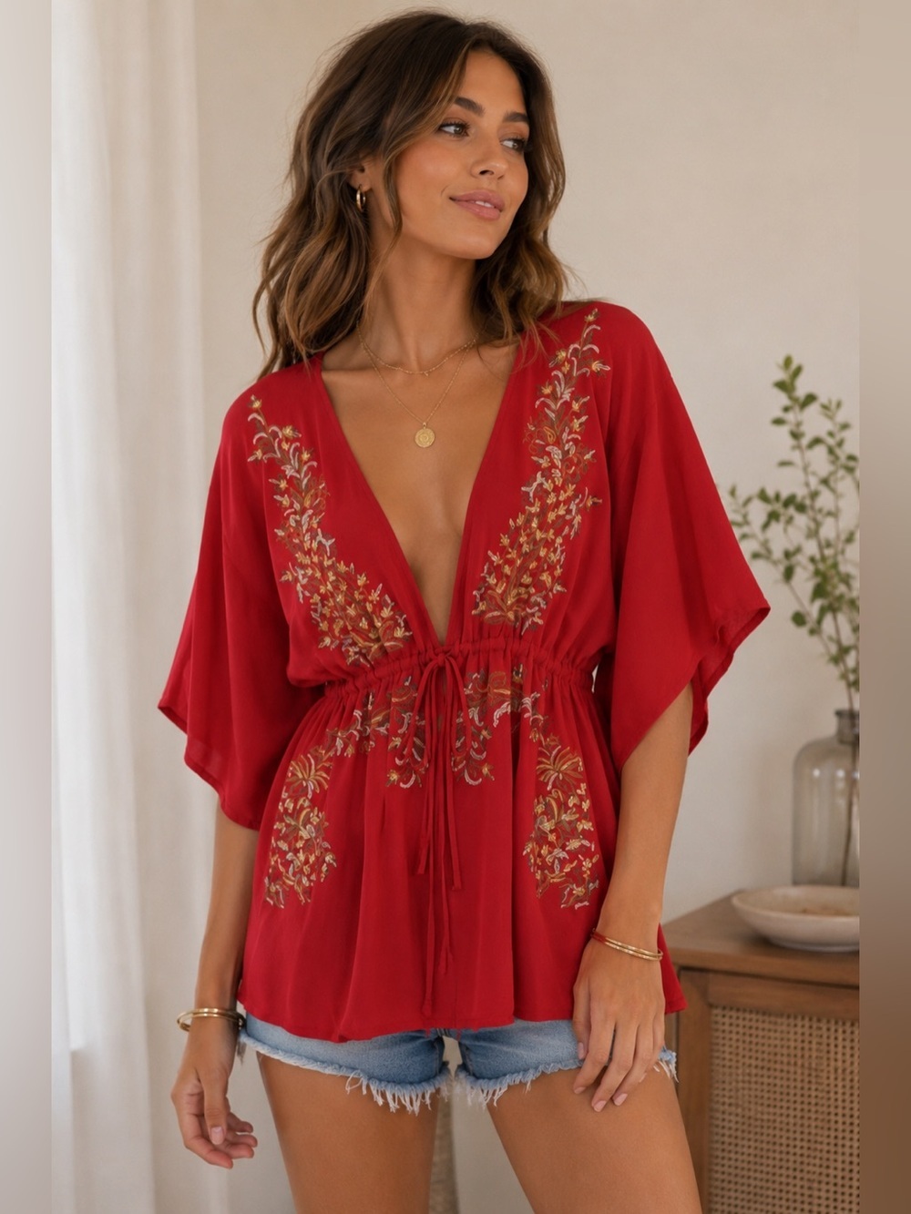 Festival Y2K Boho Red Kimono with Floral Embroidery Size 2 FLAWED Summer